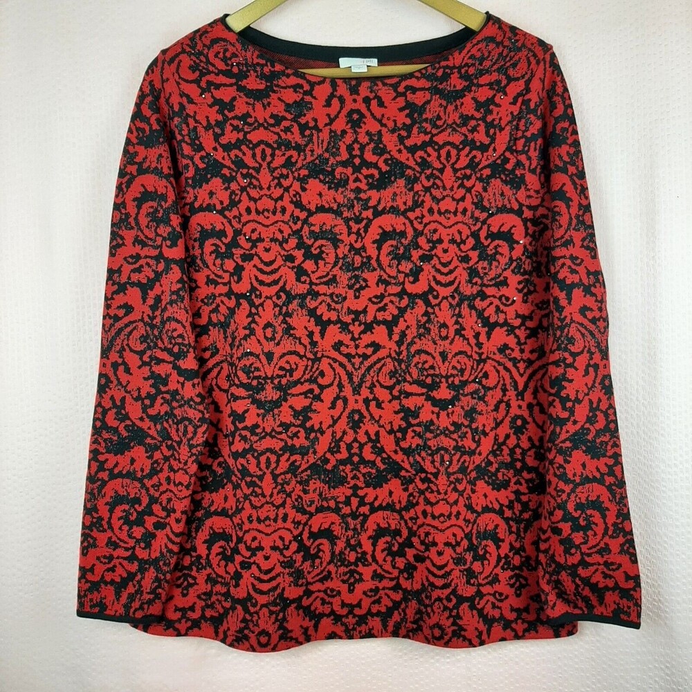 J Jill Women Red Sparkle Rhinestones Knit Sweater Long Sleeve Baroque Size S